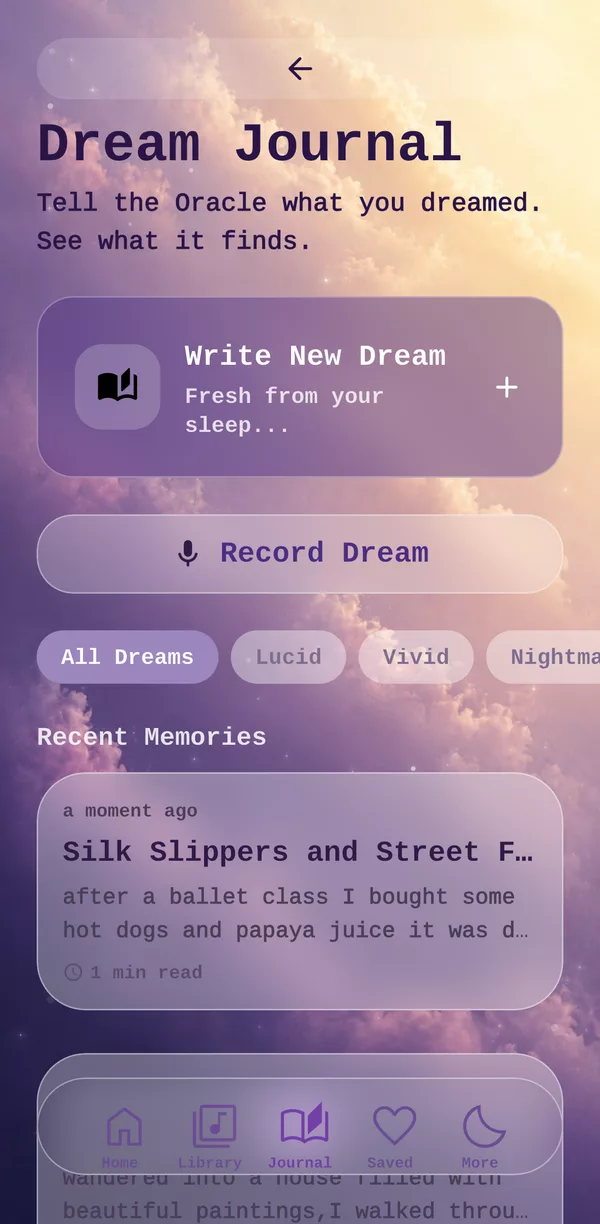 The Dream Journal, with buttons to write or record a new dream and a list of recent dreams