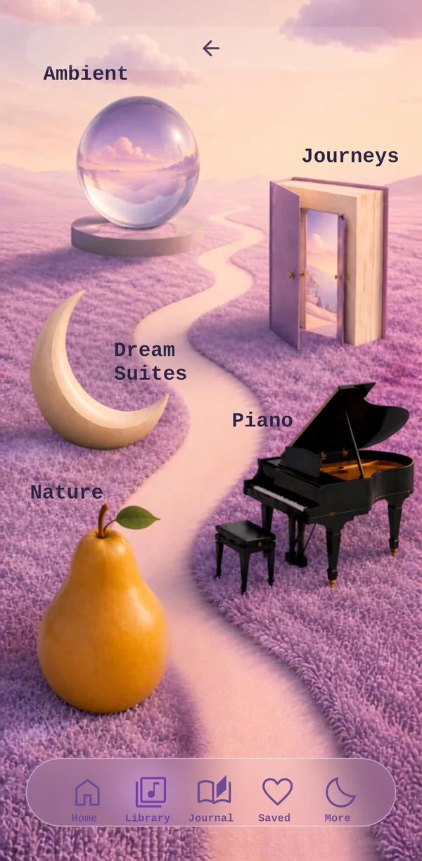 The LilacHour library: a glass globe, an open book, a crescent moon, a grand piano and a pear along a lavender path